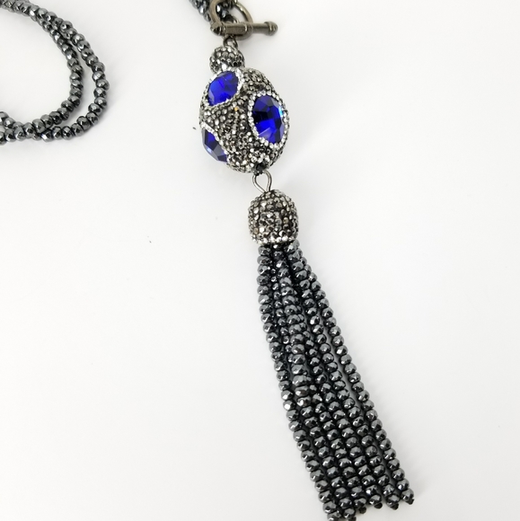 Blue Crystal Cat Eye Gem Hematite Tassel Choker NEW - Picture 7 of 12